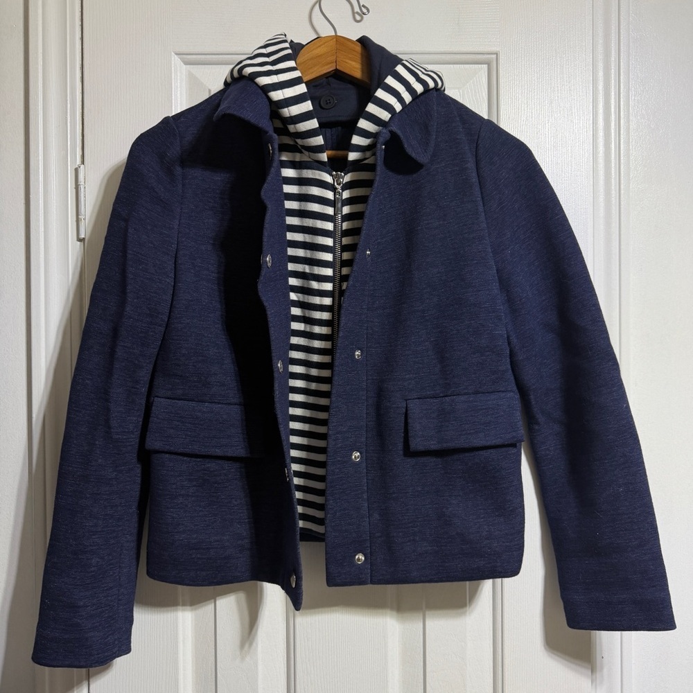 Tory Burch navy blue detachable striped hoodie jacket coat nautical layered XS